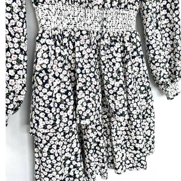 AQUA Smocked Tiered Mini Dress Navy Blue Ditsy Floral Print – Size XS - Picture 6 of 9